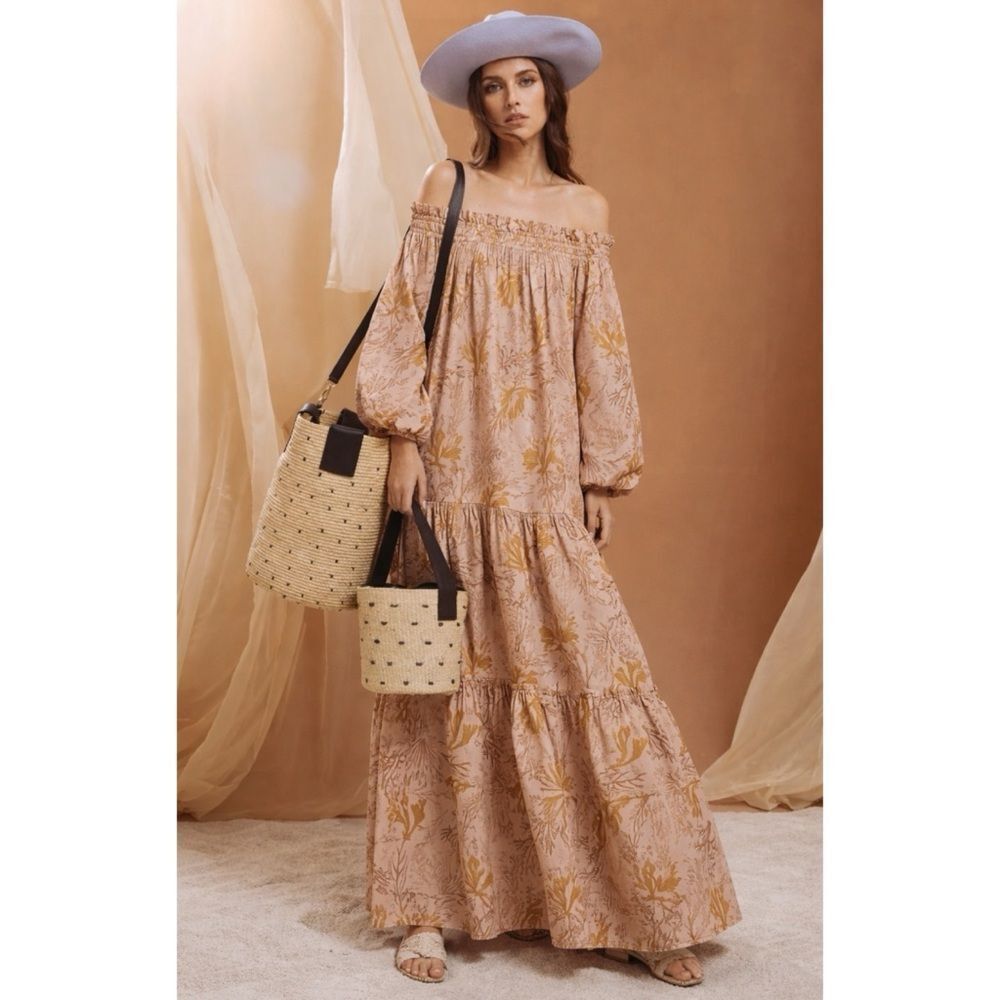 Sensi Studio STRAPLESS BALLOON SLEEVE MAXI DRESS in Soft Peach/ Size M